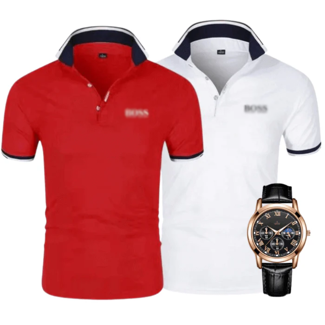 Take 2, Pay for 1 – 2-Piece set Premier Polo Shirts + Free Watch