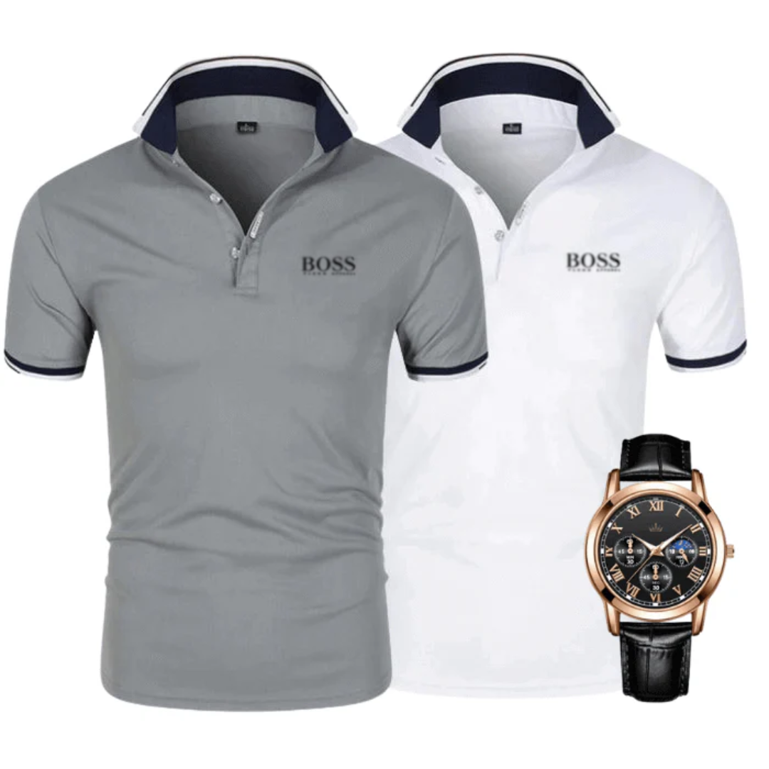 Take 2, Pay for 1 – 2-Piece set Premier Polo Shirts + Free Watch
